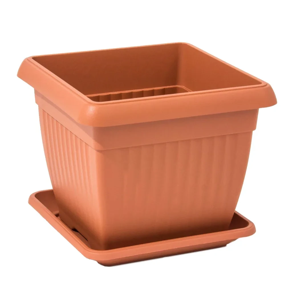 Blumenkübel quadratisch mit Untersetzer – 19 cm, Terrakotta-Struktur, 3,5 L